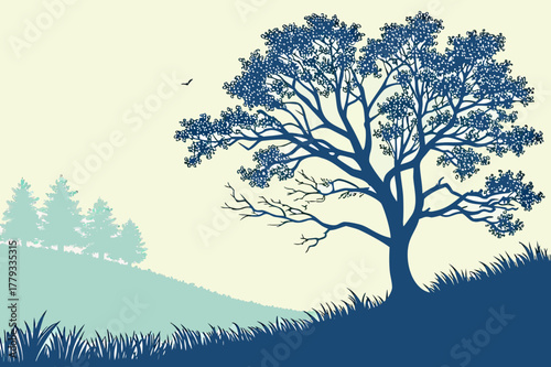 Seagull on Dune with Tree and Ocean Vector - Duotone Coast Graphic