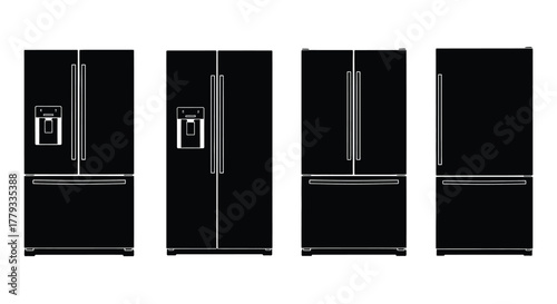 Silhouette of four refrigerators isolated on white background