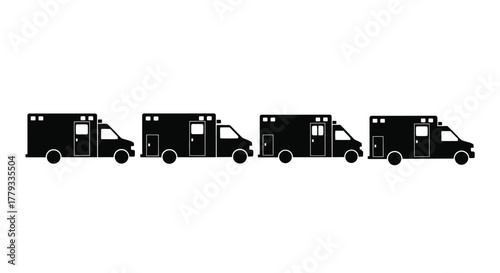 Four ambulances isolated on white background are lined up in a row