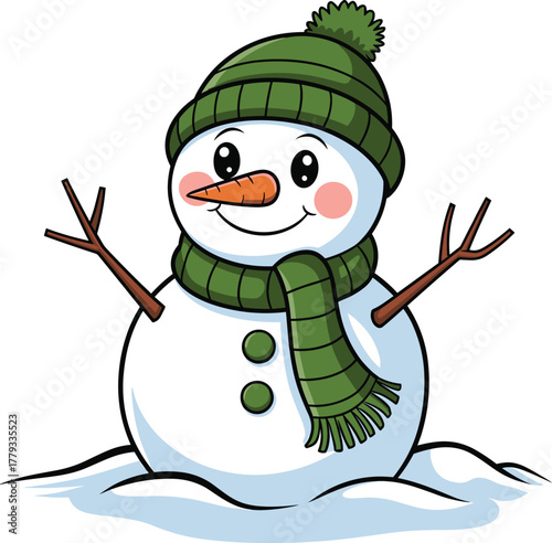 Cute cartoon snowman with a green striped scarf and matching winter hat, smiling with rosy cheeks and a carrot nose, twig arms raised, standing on snow, Christmas holiday illustration