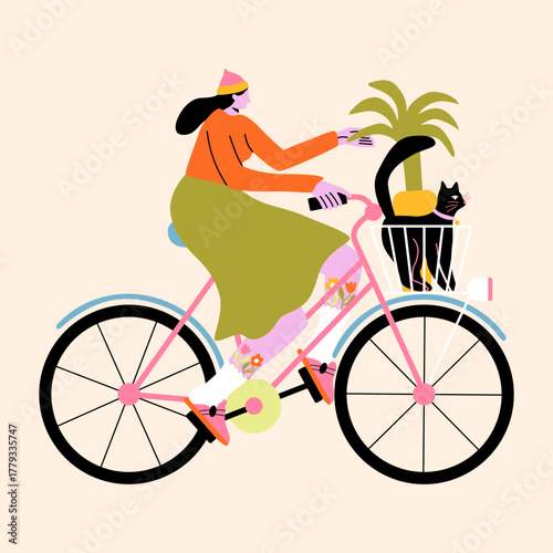 Girl in a beanie and dress rides a bicycle with cat and palm tree in basket. Healthy lifestyle and outdoor activity concept. Summer mood. Vector illustration.