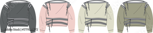 Women's long sleeve sweatshirt technical drawing with shoulder strap details and waist belt. Apparel design vector illustration set