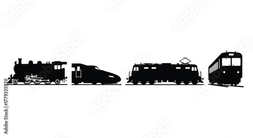 Four train silhouettes isolated on white background, representing transportation
