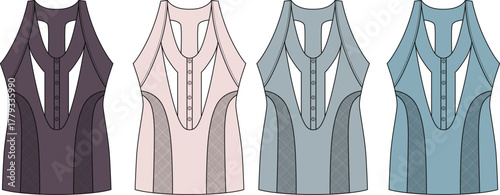 Concept Four modern sleeveless tops. Unique front paneling and decorative buttons shown in a versatile muted color palette for contemporary apparel design