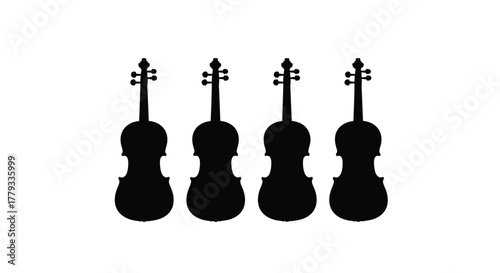 Four black violins isolated on white background in a row formation