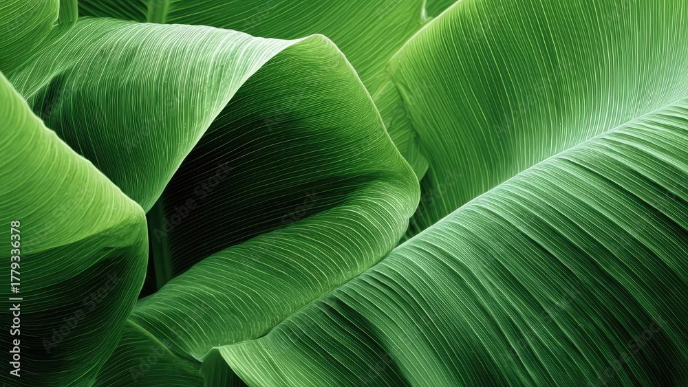 Fototapeta premium Close-up of large, overlapping green banana leaves with prominent parallel veins. Concept Close-up Banana Leaves, Green Foliage, Banana Leaf Veins, Tropical Plants, Botanical Photography