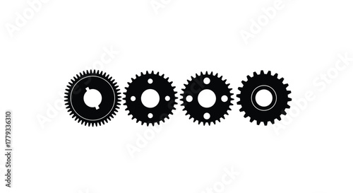 Four gear silhouettes isolated on white background representing mechanical components