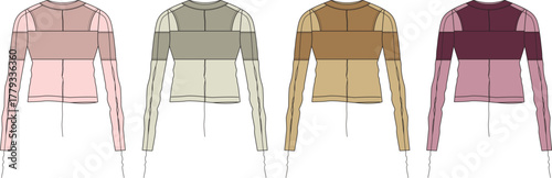 Fashion design flat sketches of long-sleeved tops in various color block combinations