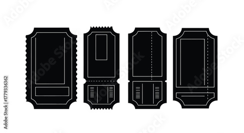 Four black tickets isolated on white background with different designs