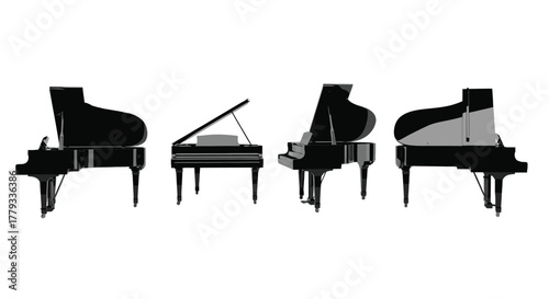 Four grand pianos isolated on white background are displayed in a row