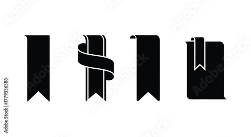 Four black bookmarks isolated on white background with different designs