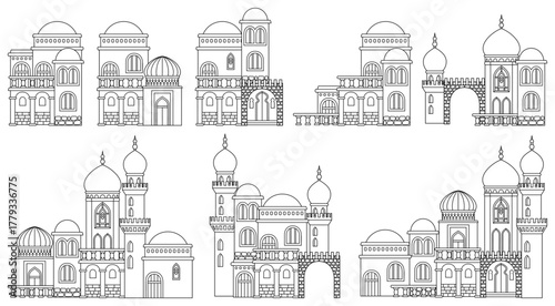 Set of stylized ancient Middle Eastern buildings in line art style. Perfect for games, travel guides, architecture projects, or historical infographics. Hand drawn vector illustration