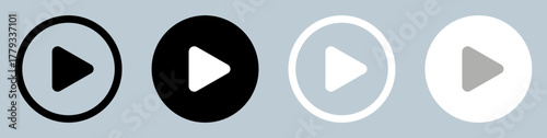 Collection of play buttons including solid, outline. Perfect for user interfaces, media players, video streaming controls, and digital music app designs.
