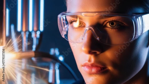 Electric maintenance work with focused woman wearing safety glasses, observing sparks. Electric maintenance procedure requires attention to detail, protective gear for safety