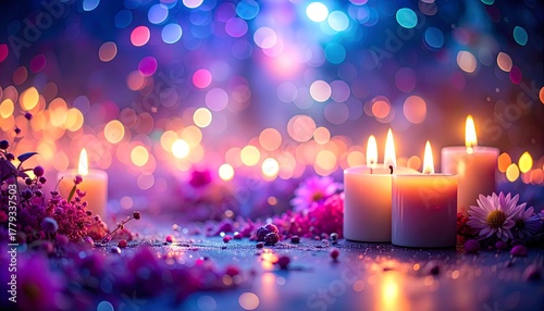 Fototapeta Naklejka Na Ścianę i Meble -  A serene and magical display of glowing candles and delicate pink flowers set against a vibrant bokeh background of sparkling lights