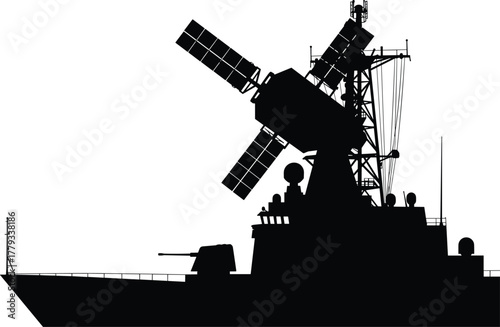 Silhouette, naval warship, modern destroyer, radar mast, military ship, defense technology, ocean patrol, maritime security, frigate, weapon systems