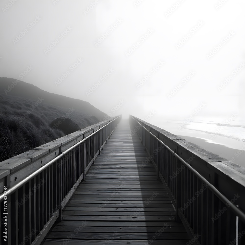 Obraz premium Long Wooden Boardwalk Path Extends Into Dense Fog at Serene Coastal Beach with Ocean Waves