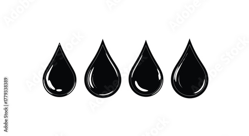 Four water drops in silhouette isolated on white background are displayed