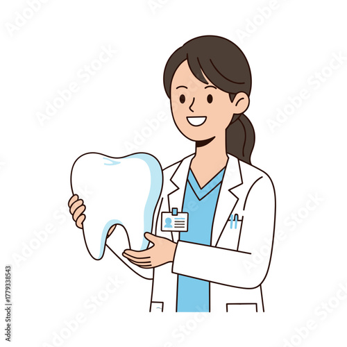 Female Dentist Holds Large White Tooth Model In White Lab Coat And Blue Scrub Shirt With Badge And Dark Hair Pulled Back Smiling Happily On Black Background