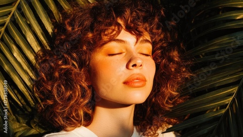 Woman with curly red hair soaking up warm sunlight, eyes closed among tropical palm leaves. Concept Golden Hour Portrait, Curly Red Hair in Sunlight, Palm Leaves Backdrop, Serene Tropical Beauty