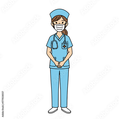 Female Medical Professional Wearing Blue Scrubs and Face Mask Standing Confidently Holding a Book with Stethoscope around Neck in Flat Design Style