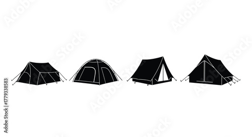 Four different types of tents isolated on white background are displayed