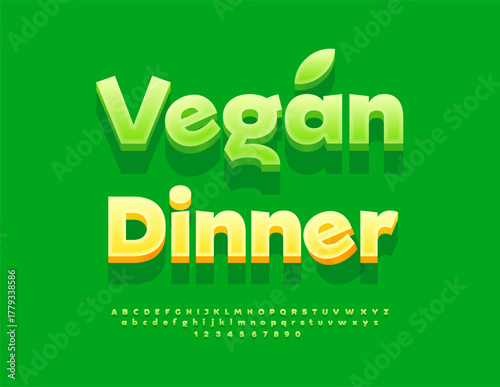 Vector Eco Promotion Vegan Dinner. Classic Green Font. Modern Digital Alphabet Letters and Numbers set.
