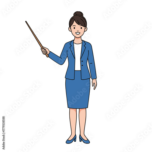 Female Teacher In Blue Suit Holding Pointer Stick And Smiling Isolated On Black Background Professional Presentation Concept