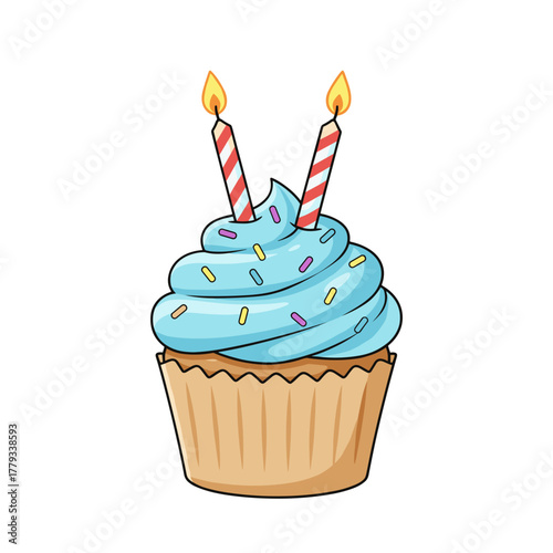 Festive blue cupcake with two striped candles and colorful sprinkles on a black background a celebratory dessert perfect for birthdays and parties