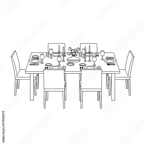 Formal Dining Table Setting For Eight With Plates Cutlery Glasses And Centerpiece On White Background In Simple Line Art Style