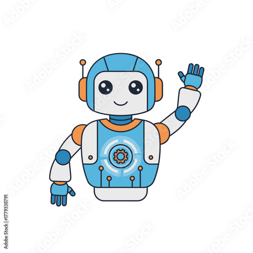 Friendly blue and white multi armed robot with orange accents waving hello on a clean white background representing technology and automation