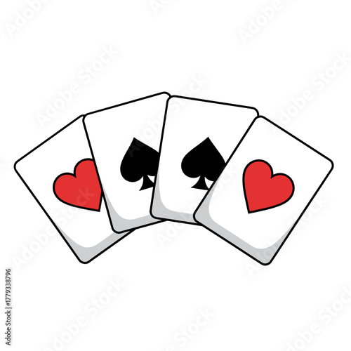 Four Playing Cards Four Suits Arranged Artistically In A Row With Red Hearts And Black Spades Symbols On A Transparent Background