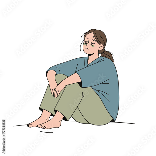 Depressed Woman Sitting Alone On Floor Tears In Eyes Looking Down Feeling Sadness And Loneliness In Minimalist Style Cartoon