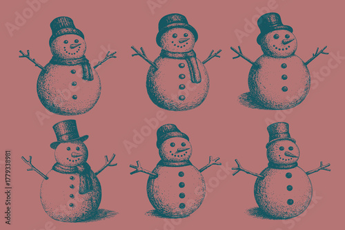 Modern retro snowman with vintage halften staple effect. snowflakes character with hat and carrot and scarf vector illustration. Merry Christmas new year holiday halloween poster.