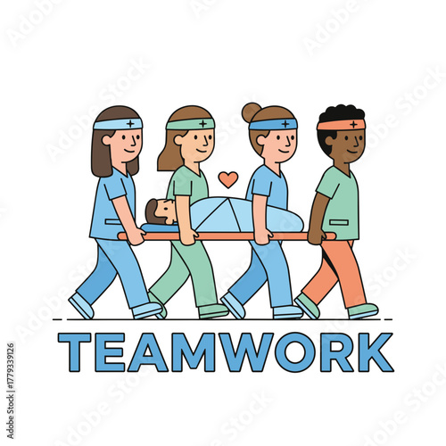 Diverse group of healthcare professionals carrying a patient on a stretcher in a coordinated effort teamwork concept illustration with a white background and a heart symbol above