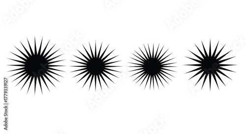 Four spiky sun shapes isolated on white background are aligned horizontally