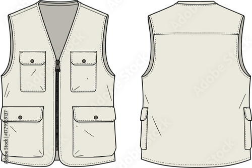 Beige utility vest, outdoor gear, sleeveless design, multi-pocket vest, hiking apparel, fishing vest, photography outfit, rugged travel clothing, adventure wear