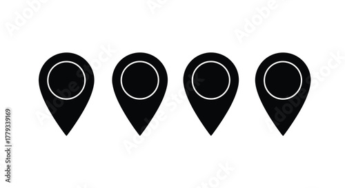 Four black map pointers isolated on white background indicating location