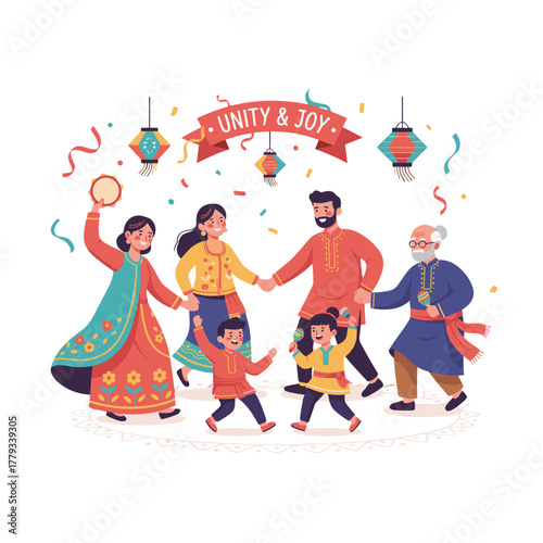 Diverse People Celebrating Unity and Joy Dancing Together in Colorful Traditional Outfits with Lanterns and Confetti on a Black Background Vector Illustration