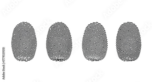 Four fingerprint patterns with unique swirls isolated on white background