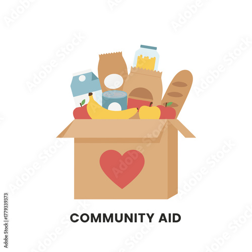 Donation box overflow with fresh groceries fruits vegetables canned goods and bread with red heart logo and community aid text on black background flat vector illustration