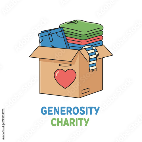 Donation box overflowing with folded clothes and toys illustration with a red heart symbol on a white background clean flat design for generosity and charity concepts
