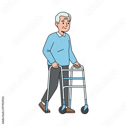 Elderly man with gray hair walking with a walker and wearing a light blue long sleeve shirt and gray pants on a black background