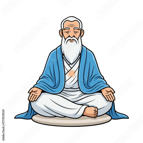 Elderly man with long white beard and topknot meditating peacefully in yellow robe and white pants with eyes closed seated cross legged on a cushion with hands resting palms up in a zen like pose