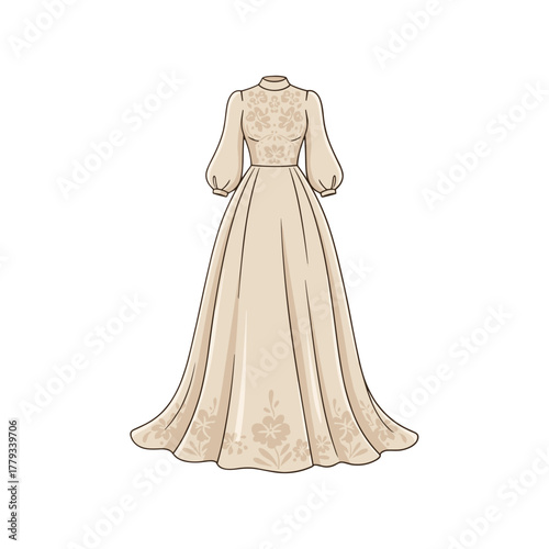 Elegant cream colored full length formal gown with intricate lace detailing and puffed sleeves standing upright on a black background