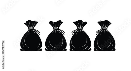 Four black bags isolated on white background are displayed in a row