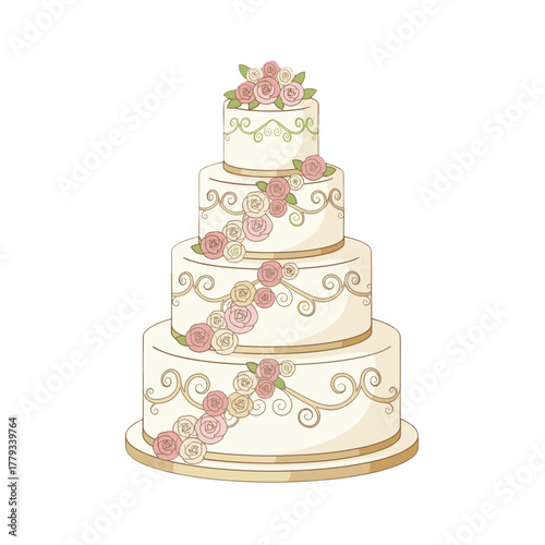 Elegant Four Tier White Wedding Cake Decorated With Pink Roses And Swirls On A White Background
