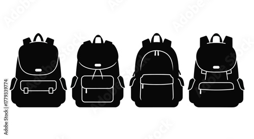 Four black and white backpack silhouettes isolated on white background