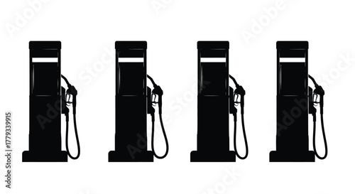 Four black gas pumps isolated on white background
