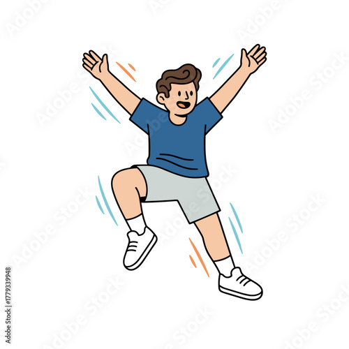 Excited Man Jumping With Joy In Casual Blue T Shirt Gray Shorts And White Sneakers Energetic Pose Against Black Background Flat Illustration